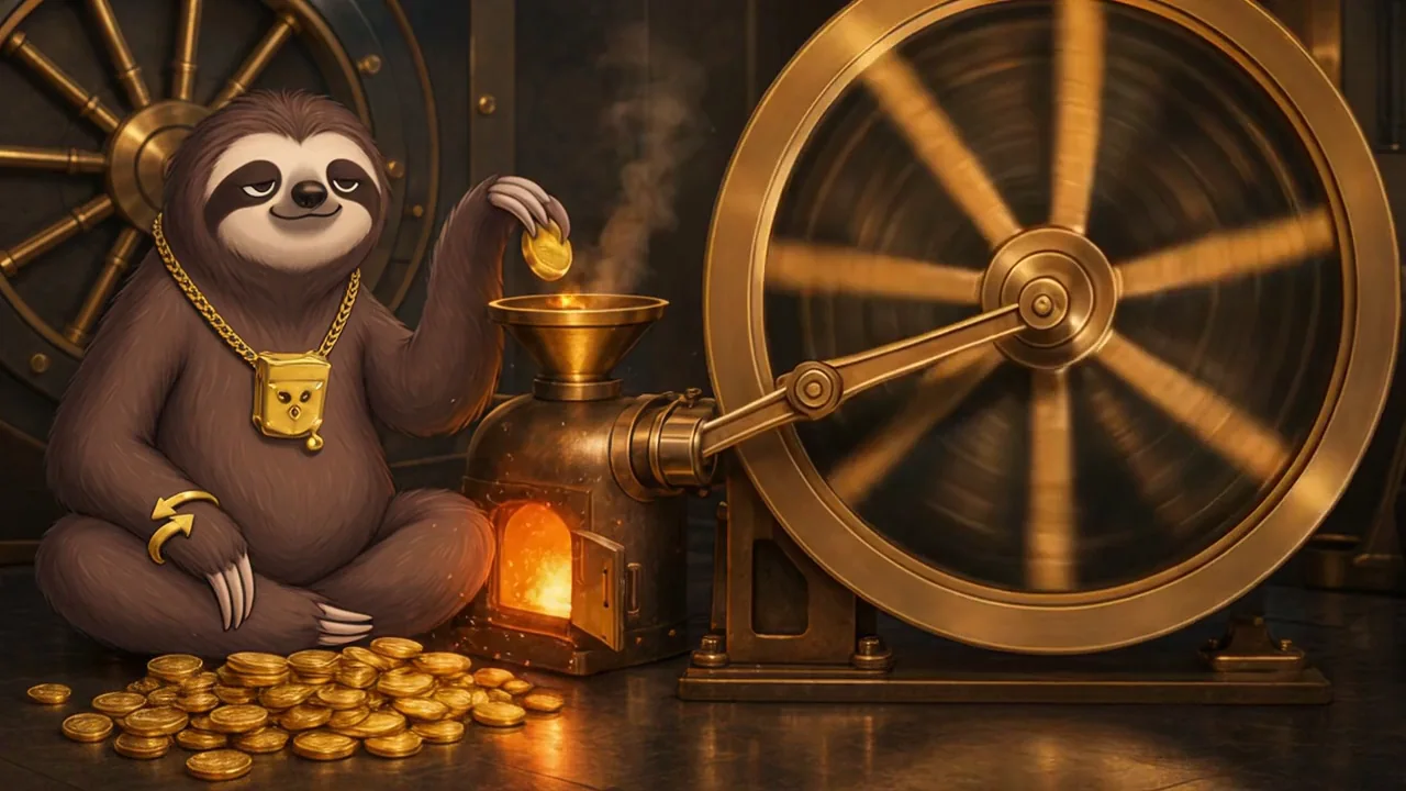 The Slawth feeding gold coins into a furnace that drives a spinning flywheel