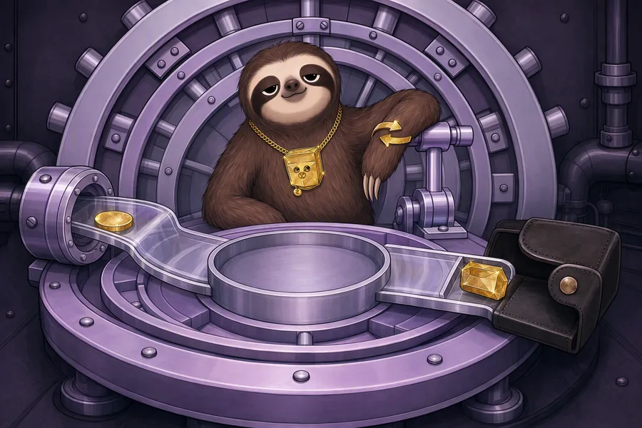 The Slawth working one cycle mechanism: a reward coin enters on the left, the stonk token leaves into a wallet on the right, and the tray between them is empty