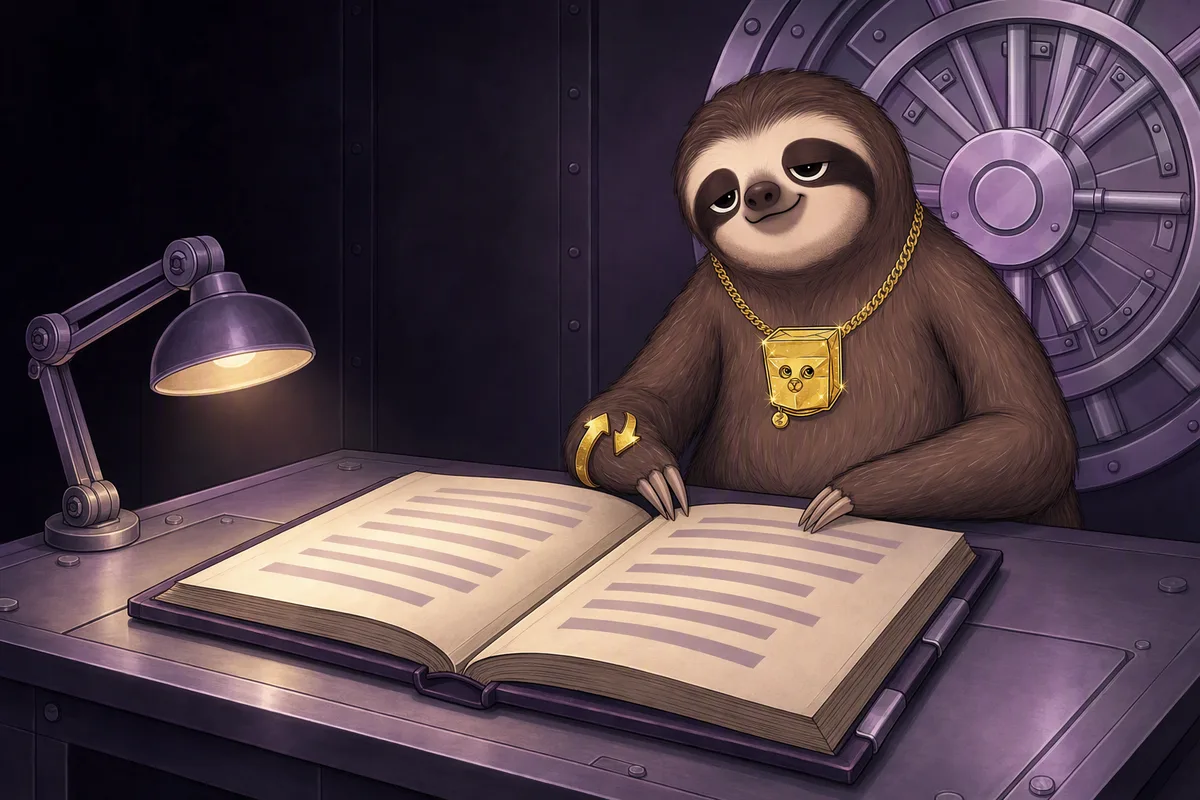 The Slawth reading an open report under a desk lamp in the vault